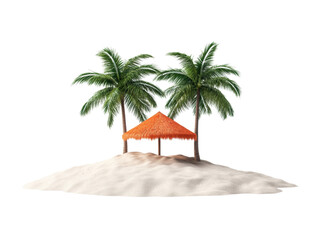 Tropical island getaway with palm trees and a thatched hut, cut out
