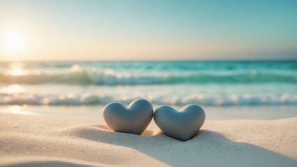 A pink heart rests on the tropical beach, kissed by the sun and gentle ocean waves, embodying summer love and vacation relaxation