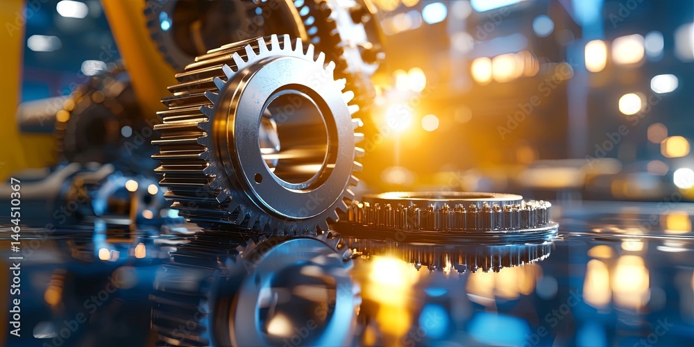 Poster Industrial Gear and Machinery in Modern Factory with Soft Lighting and Reflection on Wet Surface Creating Atmospheric Environment