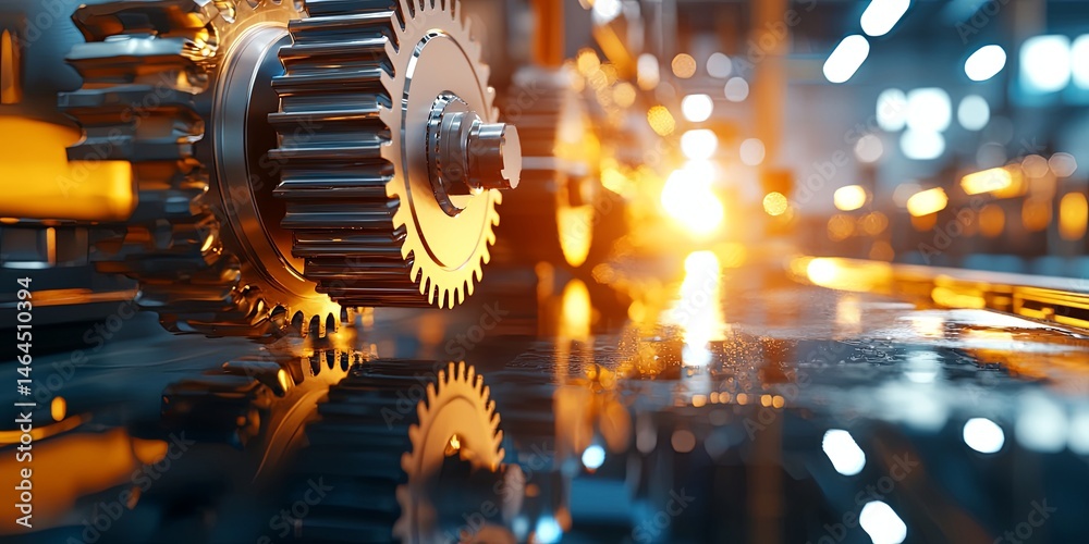 Poster Industrial Gear and Machinery in Modern Factory with Soft Lighting and Reflection on Wet Surface Creating Atmospheric Environment