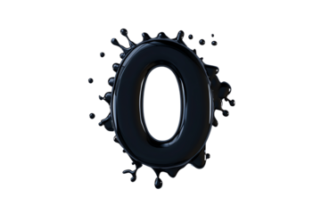 A glossy black number zero with liquid splash effects creates a bold visual impact.
