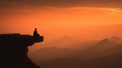 Obraz premium Sunrise meditation on cliff edge silhouette 