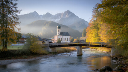 Scenic autumn view of Ramsau village in Berchtesgaden, Germany, featuring the picturesque Parish Church of St. Sebastian with its iconic white façade and onion dome,