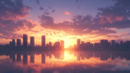 Fototapeta premium Silhouette city skyline at vibrant sunset over water.