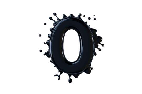 A glossy black number zero with liquid splash effects creates a bold visual impact.