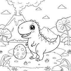Dino coloring pages with volcano montain lanscape. illustration for kids