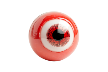 A realistic, detailed model of a human eyeball with red veins and a prominent black pupil.