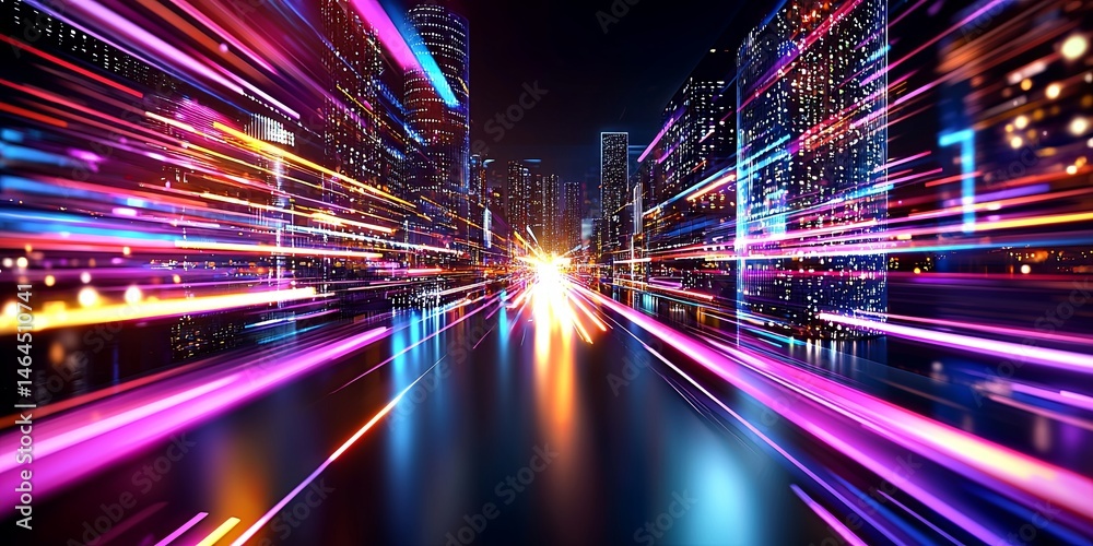 Poster futuristic cityscape with glowing neon lights, abstract architecture, illuminated streets, and vibra