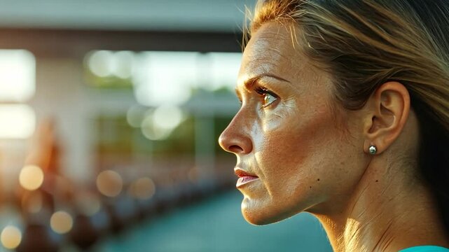 Close-up profile view of a determined woman, her face glistening with sweat, after an intense workout in a gym.  Warm, golden sunlight streams through the background, illuminating a row of blurred