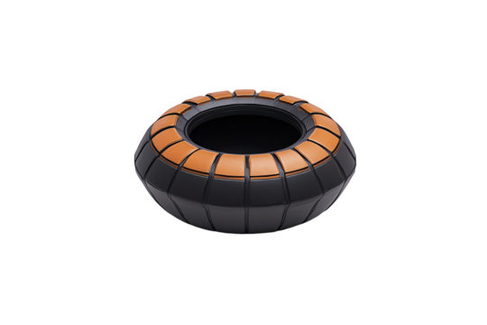 A modern, orange and black inflatable swim ring with a segmented design.