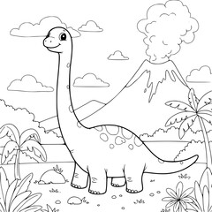 Dino coloring pages with volcano montain lanscape. illustration for kids