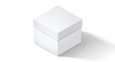 Fototapeta premium A blank, white, square gift box, sits on a white background, casting a subtle shadow. The box's lid is slightly raised