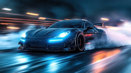 Fototapeta premium Sleek sports car drifting at night motion blur blue lights