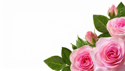 pink rose flowers with green leaves in a corner floral arrangement isolated on white or transparent background