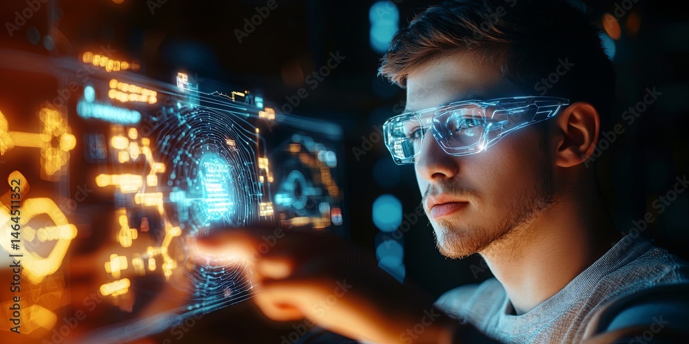 Poster young man interacting with futuristic holographic technology in a dark environment, exploring data, 