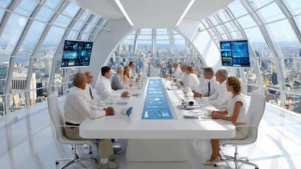 Futuristic Boardroom Meeting: A diverse group of business professionals engages in a high-tech boardroom meeting, overlooking a sprawling cityscape from a futuristic skyscraper. The sleek. - Powered by Adobe