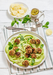chicken broccoli meatballs with green pea hummus