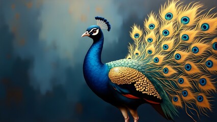 Fototapeta premium Enchanting Peacock with Golden Brushstrokes – Modern Oil Painting on Textured Blue & Gray Background, Luxurious Metallic Feathers