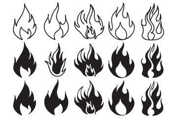 Flame Icon Set – Black and White Fire Vector Designs, Stylized Fire Symbol Clipart for Tattoo and Print, Minimalist Flame Silhouettes for Art and Graphics