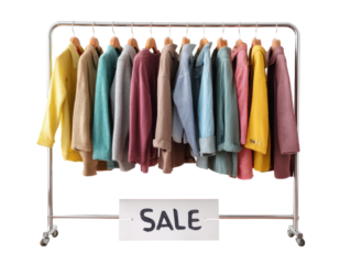 Colorful rack with assorted jackets on clearance sale, cut out