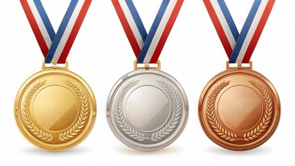 Gold, silver, and bronze medals with ribbons for sports competitions