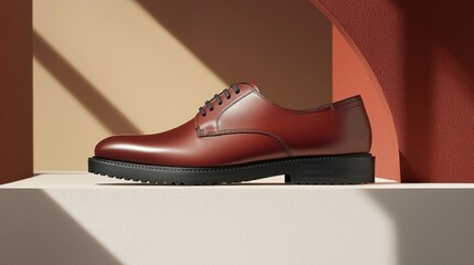 Polished brown leather derby shoe on a modern display