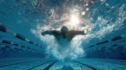 Swimmer diving into pool mid-motion 