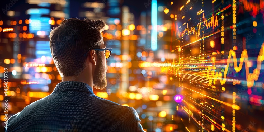 Aufkleber Data Visualization and Analysis: Business Professional Contemplating Stock Market Trends in a High-Tech Digital Environment