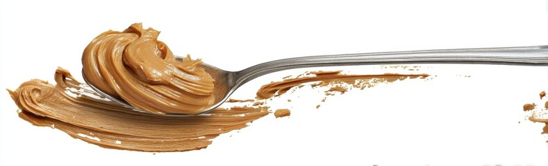 Smooth and Creamy Peanut Butter Swirl on Metal Spoon Isolated on White Background for Food Photography and Culinary Use