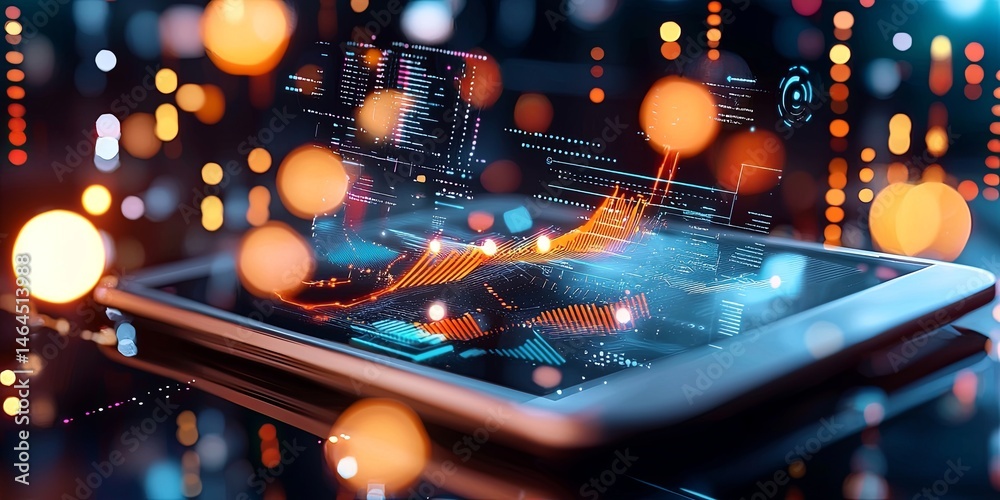 Aufkleber High-Tech User Interface with Futuristic Data Visualization on Digital Tablet Displaying Interactive Graphics and Information Analytics in Dark Environment