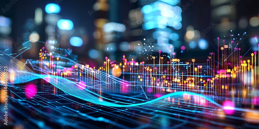 Aufkleber Vibrant Abstract Technology Visualization of Data Streams and Digital Patterns in a Futuristic Cityscape with Neon Colors and Dynamic Lines
