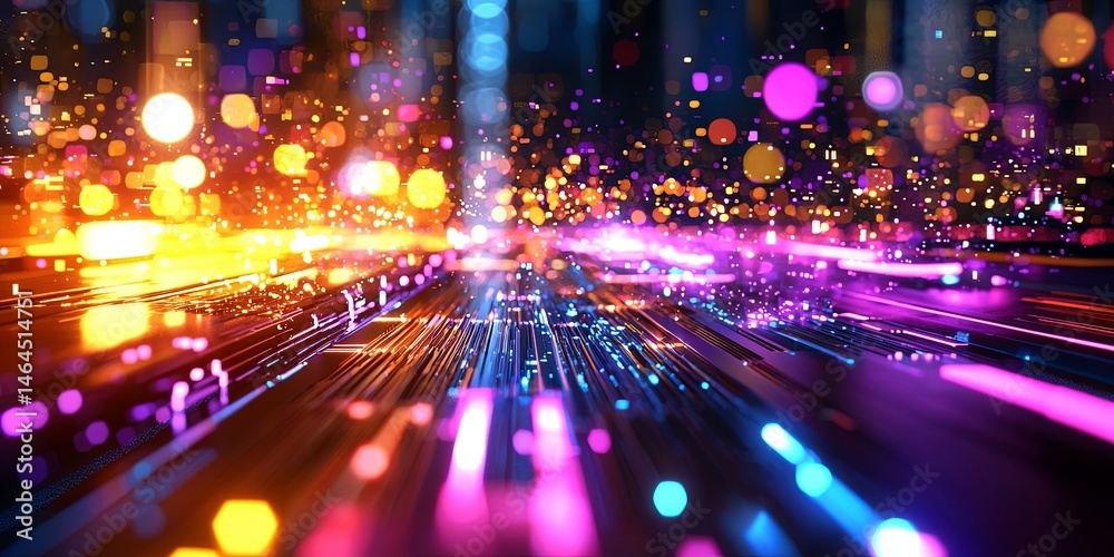 Poster vibrant abstract digital cityscape with colorful light beams, bright blocks, and glowing elements cr
