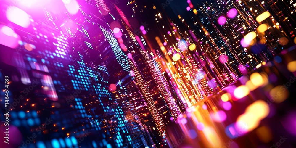 Poster vibrant abstract digital cityscape with colorful light beams, bright blocks, and glowing elements cr