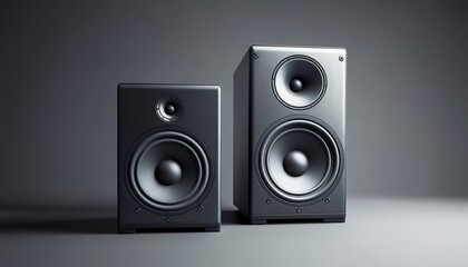 Two black speakers, one larger and one smaller, placed side-by-side against a gray background.