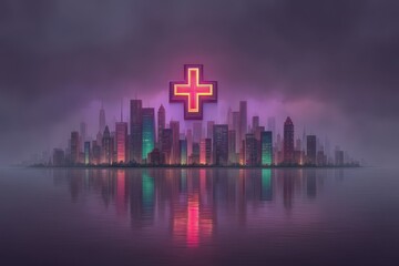 Fototapeta premium Futuristic cityscape illuminated by neon lights reflecting on the tranquil water with a prominent medical cross signifying hope and wellness in an urban environment