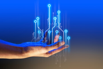 people or businessman hand touching a hologram of network technology computer online system