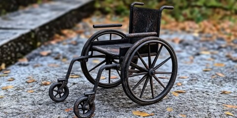 Miniature antique wheelchair on a stone path