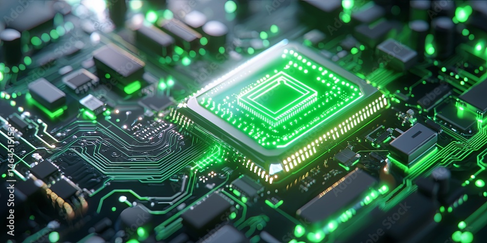 Poster Futuristic Digital Lock Symbolizing Cybersecurity and Data Protection on a Complex Circuit Board in a Neon Green Color Palette