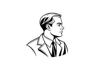 A thoughtful businessman in profile, looking upward. Retro Style Illustration, black and white profile illustration of a man in a suit, man, businessman, profile, suit, tie, formal wear, vintage, clas
