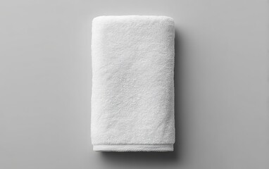 Folded white bath towel on a gray surface.  Folded rectangular towel, pure white color,  soft texture,  simple design,  clean look,  neutral background,  hotel quality,  bathroom accessory