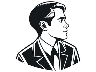 A thoughtful businessman in profile, looking upward. Retro Style Illustration, black and white profile illustration of a man in a suit, man, businessman, profile, suit, tie, formal wear, vintage, clas