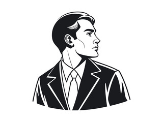 A thoughtful businessman in profile, looking upward. Retro Style Illustration, black and white profile illustration of a man in a suit, man, businessman, profile, suit, tie, formal wear, vintage, clas