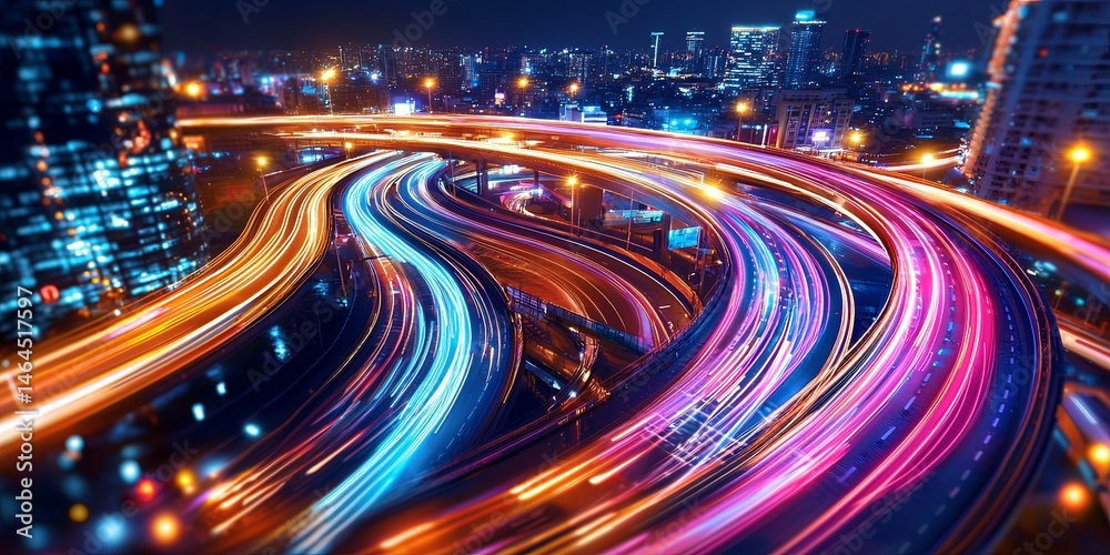Poster vibrant night cityscape with colorful lights and dynamic traffic trails captured from above, showcas