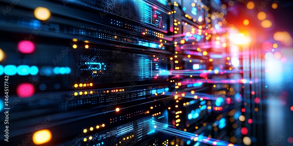 Aufkleber Modern Data Center Technology with Glowing Server Racks Displaying Network Connections and Digital Patterns in a Futuristic Environment