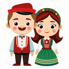 Adorable Cartoon Couple in Traditional Folk Costume