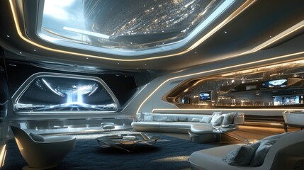 Futuristic Spaceship Lounge Interior with Cityscape Views