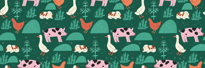 Seamless pattern with farm animals, including cows and pigs, on a green background with trees and barns. Playful and colorful rural theme, ideal for children's textiles, wrapping paper