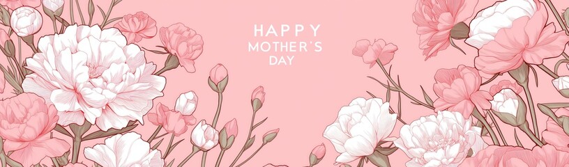 Mother’s Day festive banner with elegant white carnations, pink background, and plenty of room for personal message or greeting text in the center.