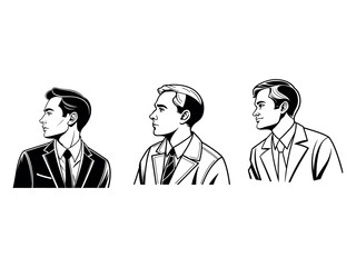 Businessmen in Profile Silhouettes, elegant silhouette of two men in business attire, viewed in profile. Silhouette Person Icons, men, profile, portrait, vintage, retro, comic book, illustration, grap