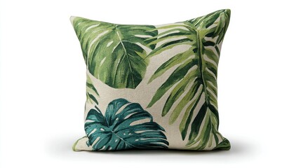 Tropical palm leaf print cushion isolated on white background. 